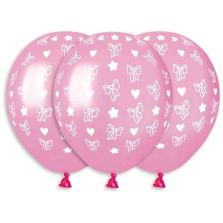 Palloncino in Lattice 5" AMS50 Rosa Metallizzato con Stampa Fiocchi e Cuori 100pz Gemar "Nascita e Battesimo"