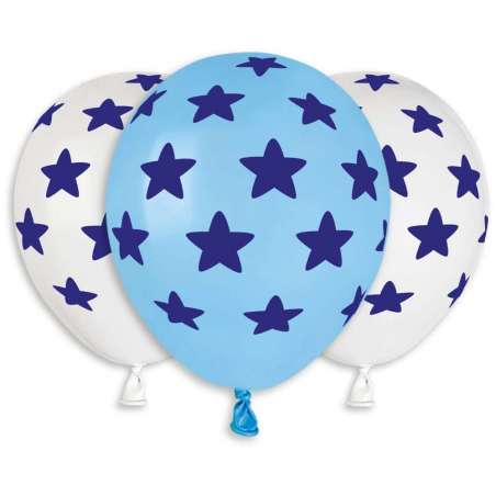 Palloncino in Lattice 5" AS50 Bianco e Celeste con Stampa Stelle Blu 100pz Gemar "Nascita e Battesimo"