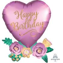 Palloncino in Foil 30" Super Shape Cuore con Fiori Happy Birthday Piante e Fiori