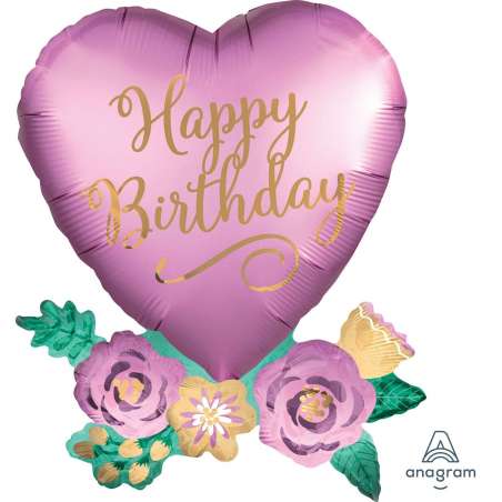 Palloncino in Foil 30" Super Shape Cuore con Fiori Happy Birthday Piante e Fiori
