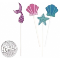 Picks Sagomati Tema Sirena "Mermaid Party" Glitterati 8pz Ariel Sirenetta