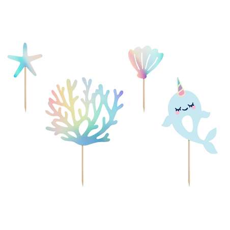 Picks Sagomati Tema Marino "Narwhal" 4pz Balena, Delfino e Narvalo