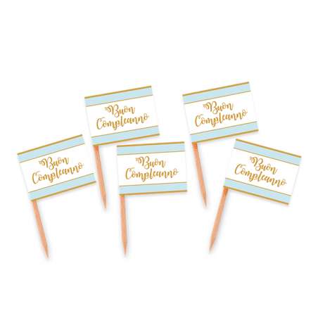Picks Bandierina Buon Compleanno Celeste e Oro 25pz Compleanno Chic Celeste
