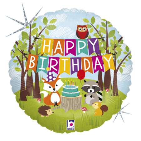 Palloncino in Foil 18" Animali del Bosco "Woodland Birthday" Happy Birthday Grabo