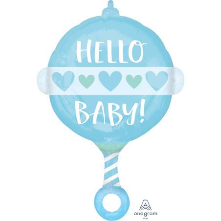 Palloncino in Foil 24" Super Shape Sonaglio Celeste "Hello Baby!" Nascita e Battesimo