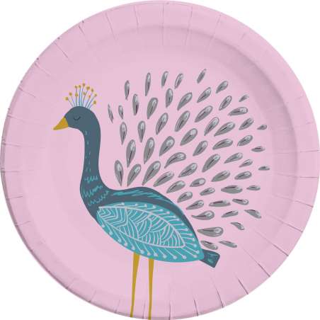 Piatto di Carta 23cm Rosa con Pavone "Peacock" 8pz Pavone "Peacock"