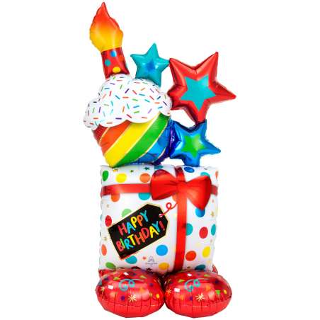 Palloncino in Foil 55" AirLoonz Pacco Regalo con Cupcake Happy Birthday Standups ad Aria "No Elio"