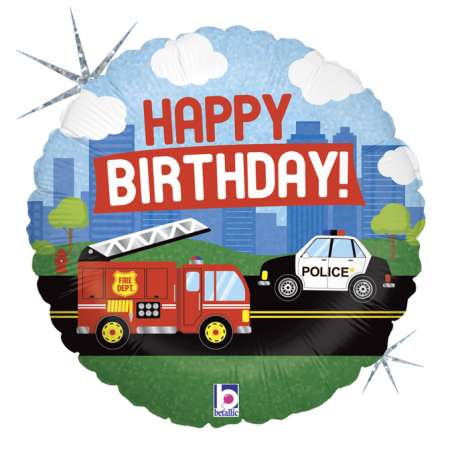 Palloncino in Foil 18" Happy Birthday Macchine Emergenza "Emergency Vehicle" Happy Birthday Grabo