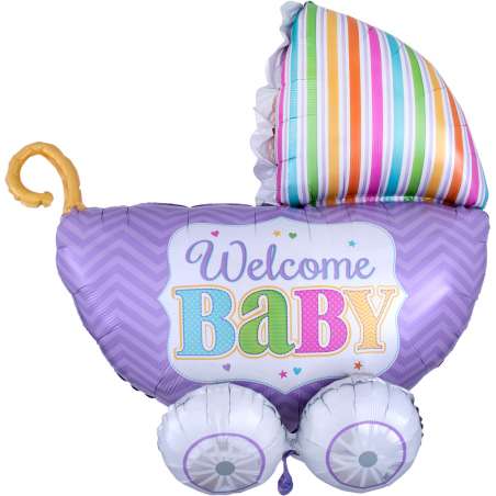Palloncino in Foil 32" Super Shape 3D Carrozzina "Welcome Baby" Nascita e Battesimo