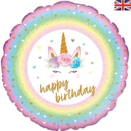 Palloncino in Foil 18" Happy Birthday Unicorno con Fiori Palloncini in Foil Oaktree