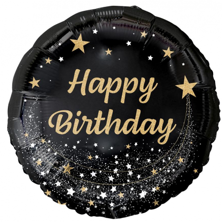 Palloncino in Foil 18" Happy Birthday con Stelle "Black & Gold" Generico
