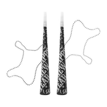 Trombetta Happy New Year 36cm Nera e Argento con Collana di Perle 2pz Accessori Persona Natale e Capodanno