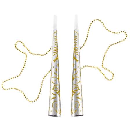 Trombetta Happy New Year 36cm Oro e Argento con Collana di Perle 2pz Accessori Persona Natale e Capodanno