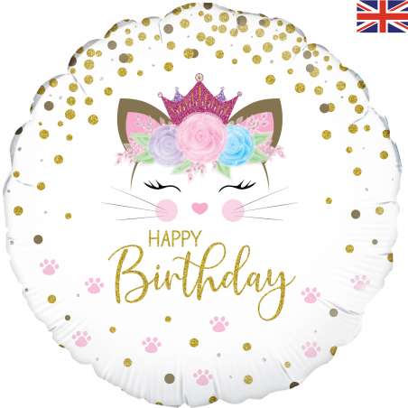 Palloncino in Foil 18" Happy Birthday Gatto con Fiori Palloncini in Foil Oaktree