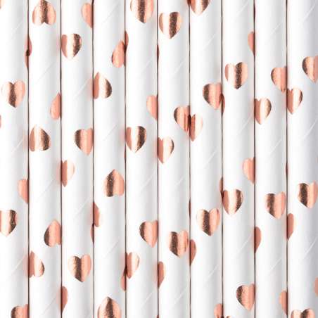 Cannuccia di Carta Bianca con Cuori Rose Gold Metallizzato 10pz Cannucce