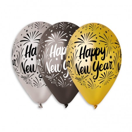 Palloncino in Lattice 12" GMS120 Assortito Metallizzato con Scritta "Happy New Year" 100pz Gemar "Christmas/New Year"