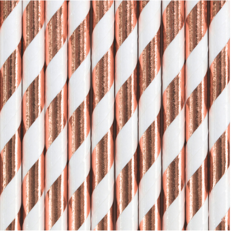 Cannuccia di Carta con Decoro a Spirale Bianco e Rose Gold Metallizzato 10pz Cannucce
