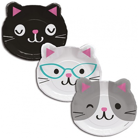 Piatto di Carta 23cm Sagomato con Gatto Assortito "Purr-Fect" 8pz Festa Tema Gatto "Cat"