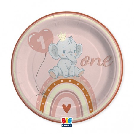Piatto di Carta 24cm Elefantino "One Birthday Boho Pink" 8pz One Birthday Boho Pink