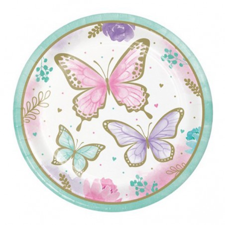 Piatto di Carta 23cm con Farfalle "Butterfly Shimmer" 8pz Festa Tema Farfalla