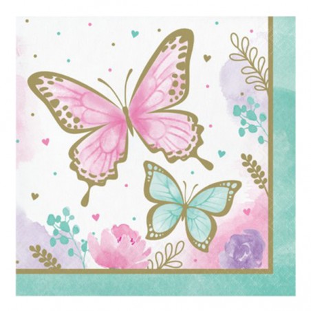 Tovagliolo di Carta 33x33cm con Farfalle "Butterfly Shimmer" 16pz Festa Tema Farfalla