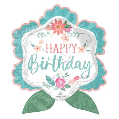 Palloncino in Foil 27" Super Shape Fiore "Happy Birthday" Piante e Fiori