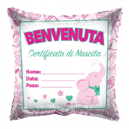 Palloncino in Foil 18" Benvenuta Rosa "Certificato di Nascita" Nascita e Battesimo