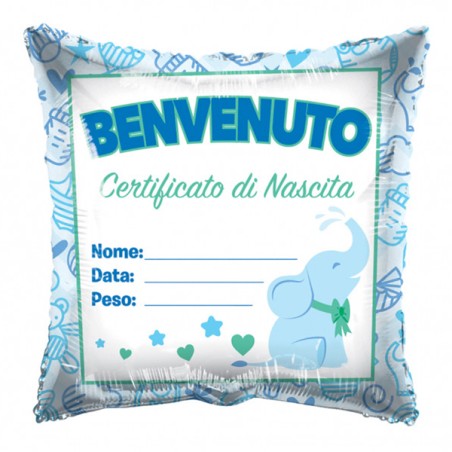 Palloncino in Foil 18" Benvenuto Celeste "Certificato di Nascita" Nascita e Battesimo