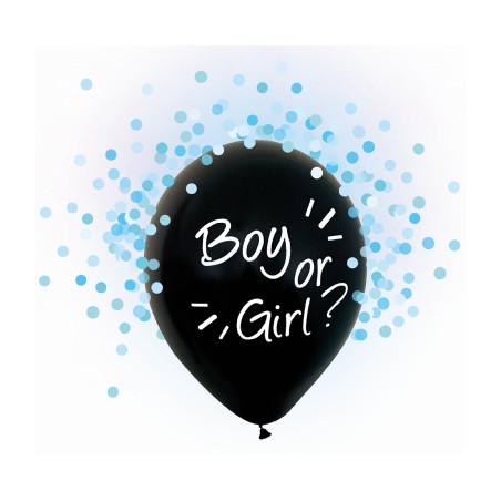 Palloncino in Lattice 12" Nero con Stampa Boy or Girl? con Confetti Celesti 4pz Palloncini Gender Reveal Boy or Girl?