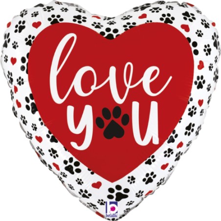 Palloncino in Foil 9" Mini Shape Cuore Impronte "Love You Paw Prints" Amore, Matrimonio o Anniversario Grabo
