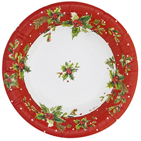 Piatto di Carta Fondo 24cm "Holly Christmas" 8pz Outlet Natale