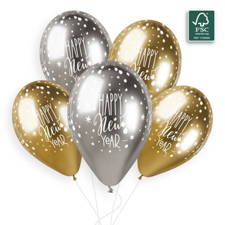 Palloncino in Lattice13" GBS120 H.N.Y. Shiny Gold Silver 5pz Gemar "Christmas/New Year"