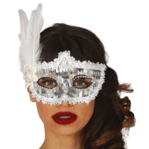Mascherina con Paillettes Argento e Piuma Bianca 1pz Carnevale