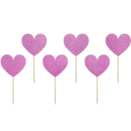 Picks Sagomati Cuore Fucsia Glitter 6pz Accessori Tavola Amore
