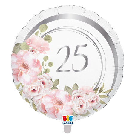 Palloncino in Foil 18" 25° Anniversario Argento con Fiori Anniversario