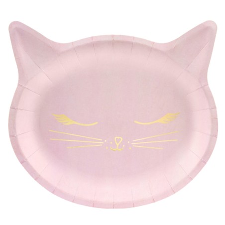 Piatto di Carta 22cm Sagomato Gatto Rosa e Oro 6pz Festa Tema Gatto "Cat"
