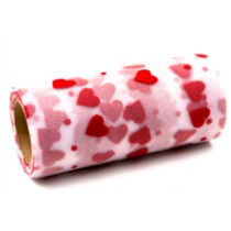Tulle Bianco Floccato con Cuori Rossi 25MT Rotolo Decorato