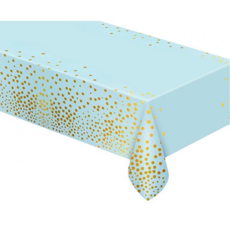 Tovaglia di Foil 137x183cm Celeste con pois Oro Tovaglia Decorata