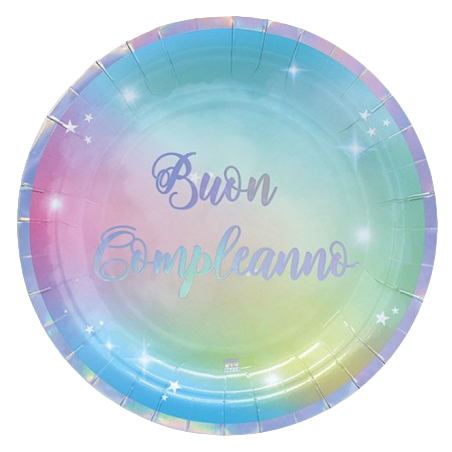 Piatto di Carta 18cm Buon Compleanno "Soft Rainbow" 8pz Compleanno Soft Rainbow