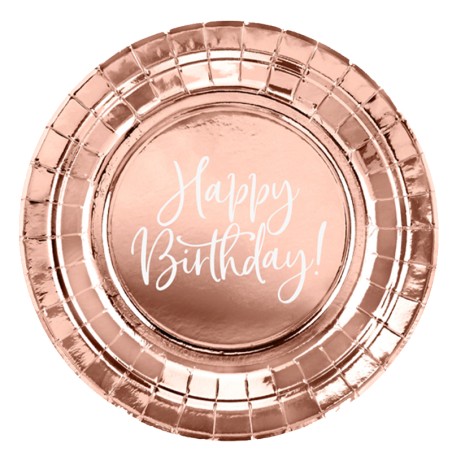 Piatto di Carta 18cm Rose Gold Metallizzato Happy Birthday 6pz Happy Birthday Rose Gold