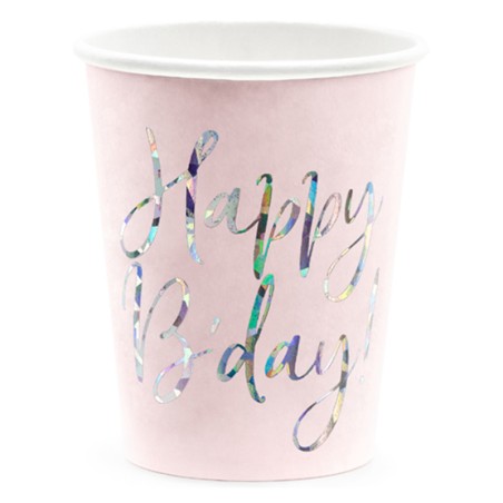 Bicchiere di Carta 220ml Rosa Happy Birthday Iridescente 6pz Happy Birthday Pink