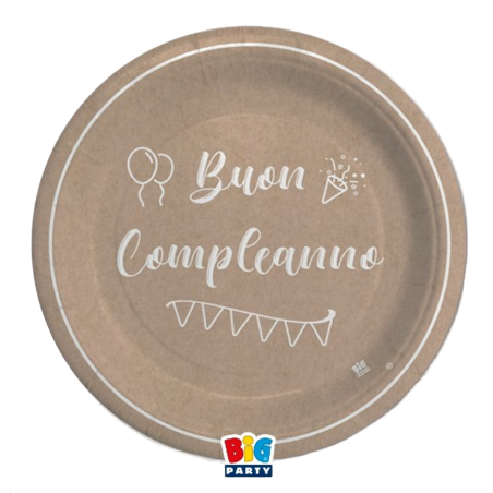Piatto di Carta 18cm Buon Compleanno "Kraft" 8pz Buon Compleanno Kraft