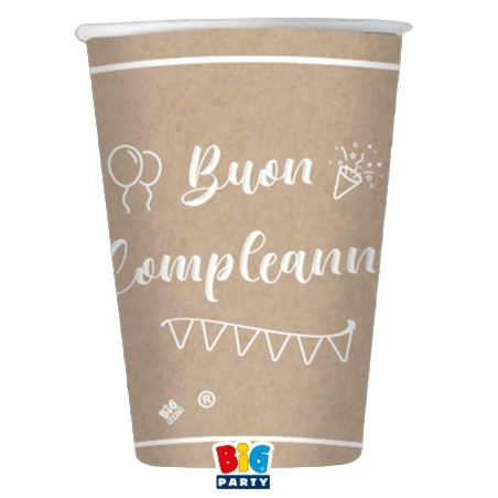 Bicchiere di Carta 200ml Buon Compleanno "Kraft" 8pz Buon Compleanno Kraft