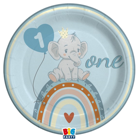 Piatto di Carta 24cm Elefantino "One Birthday Boho Blue" 8pz One Birthday Boho Blue