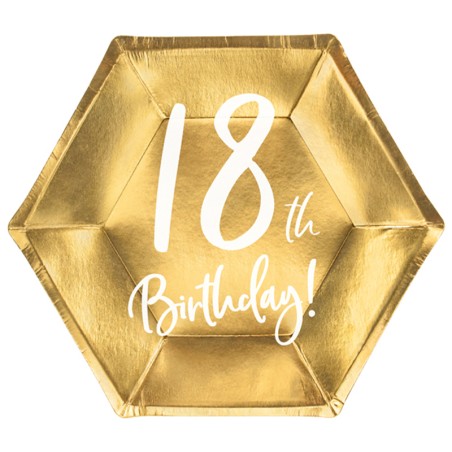 Piatto di Carta 18cm Esagonale Oro Metallizzato 18 Anni 6pz Tavola 18° Compleanno