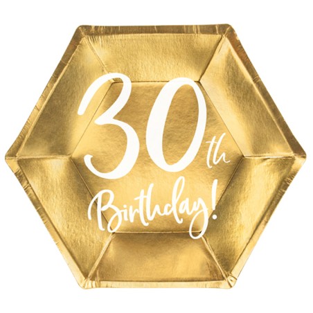 Piatto di Carta 18cm Esagonale Oro Metallizzato 30 Anni 6pz Tavola 30° Compleanno