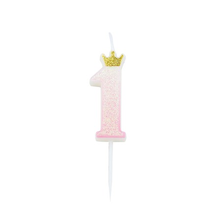 Candelina 9.5 cm Glitter sfumata Rosa con Corona Oro N.1 Rosa Glitter Sfumata c/Corona 9.5cm