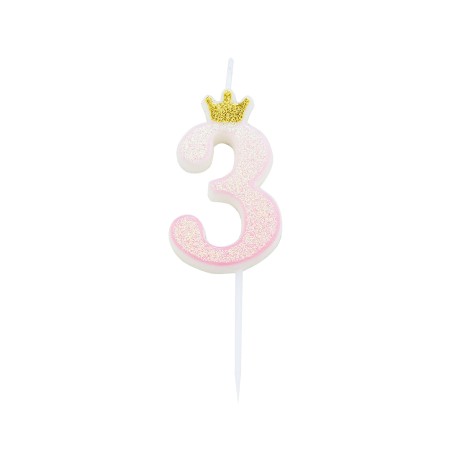 Candelina 9.5 cm Glitter sfumata Rosa con Corona Oro N.3 Rosa Glitter Sfumata c/Corona 9.5cm