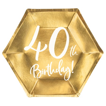 Piatto di Carta 18cm Esagonale Oro Metallizzato 40 Anni 6pz Tavola 40° Compleanno