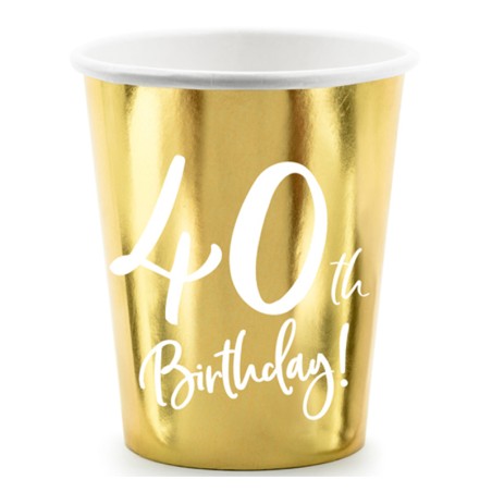 Bicchiere di Carta 220ml Oro Metallizzato 40anni "40th Birthday" 6pz Tavola 40° Compleanno